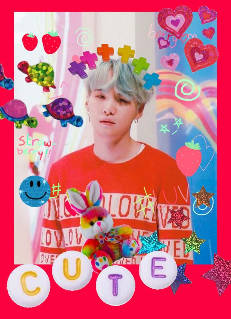 BTS Suga Kidcore wallpaper red sweater colorful stickers strawberries turtles stars hearts background