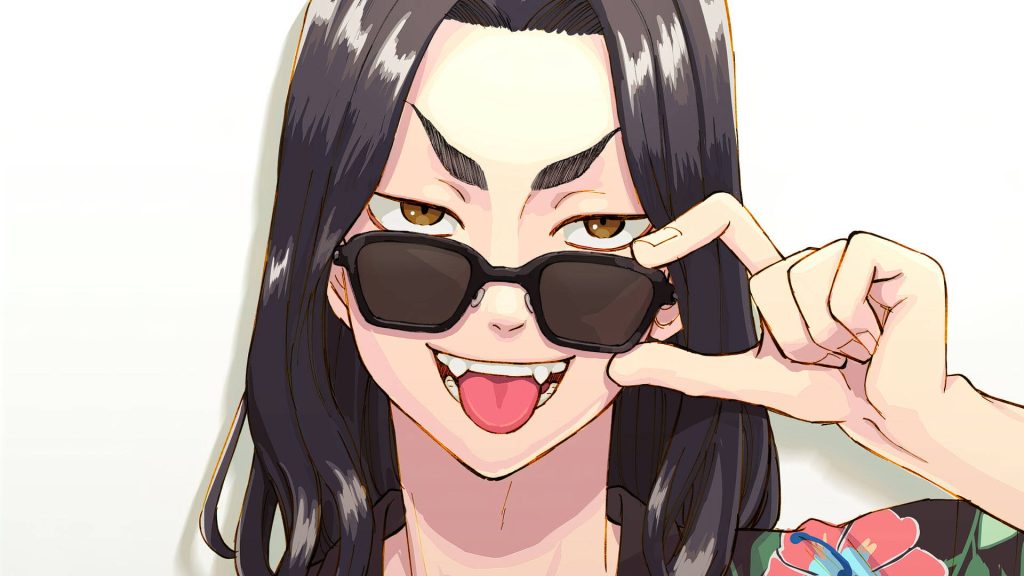 Vibrant anime wallpaper of Baji Keisuke Tokyo Revengers close-up with sunglasses and sharp fangs