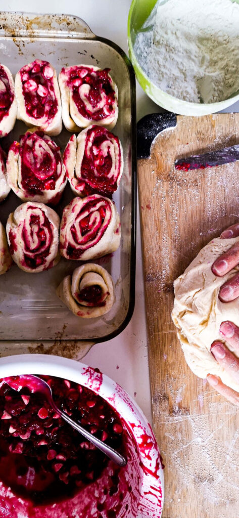 Vibrant Pastry Wallpaper: Baking Rolls & Berry Compote Scene