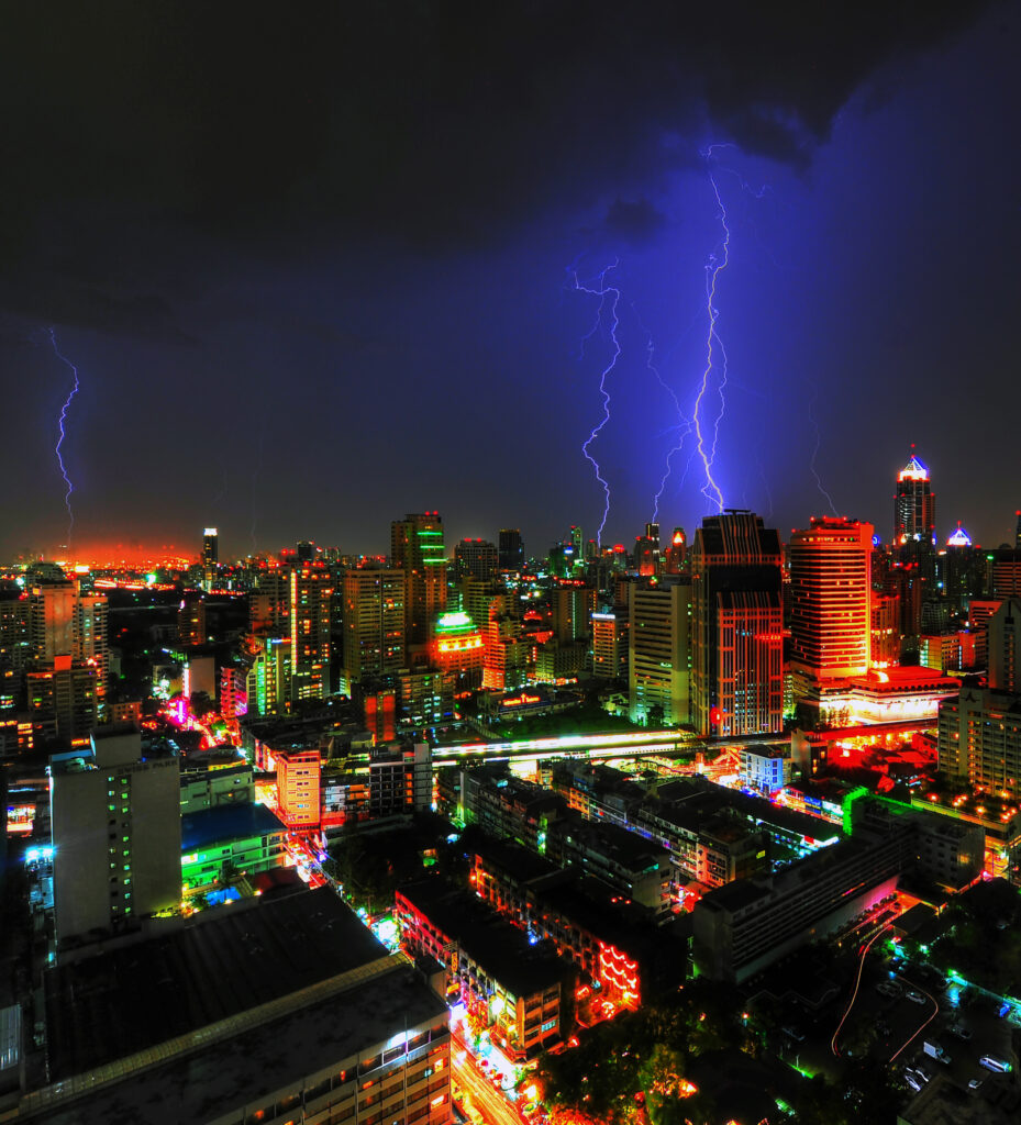Vibrant Bangkok Night View Wallpaper with Dramatic Lightning