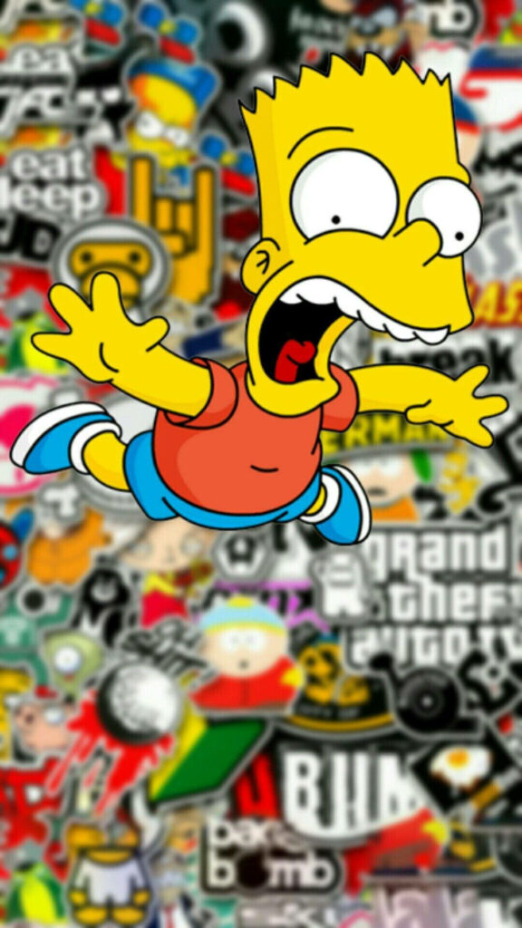 Vibrant Bart Simpson Jumping Wallpaper with Colorful Stickers