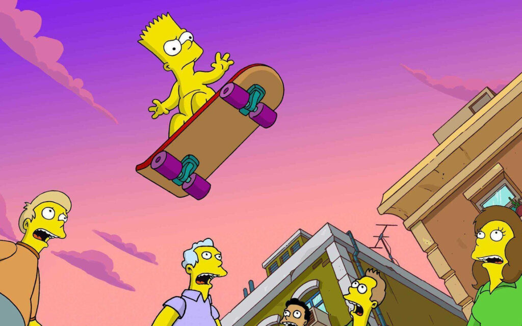 Humorous Bart Simpson Skateboarding Wallpaper with Colorful Sunset