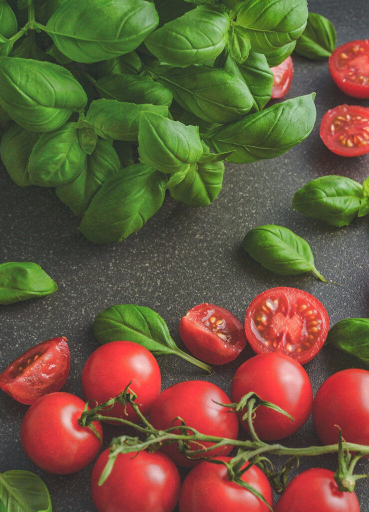 Fresh Basil & Cherry Tomatoes Wallpaper Background: Vibrant Colors