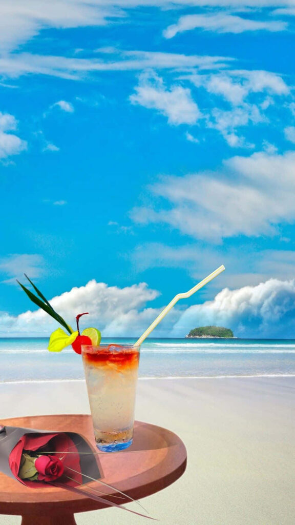 Serene Beach Wallpaper: Cocktail & Ocean Under Blue Sky