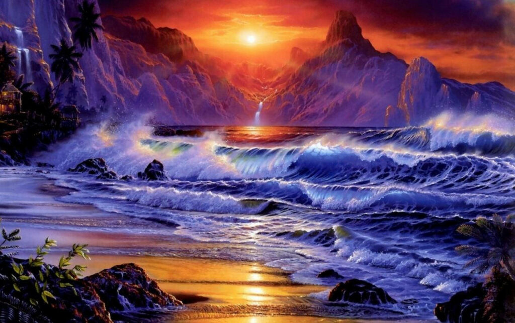 Vibrant Beach Sunset Wallpaper: Waves, Mountains & Colorful Sky