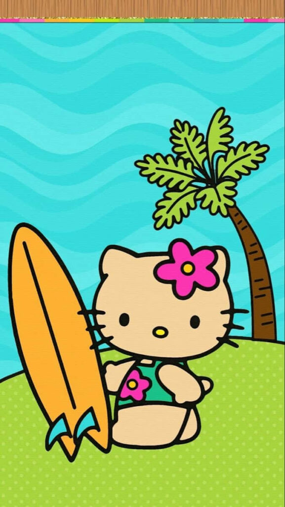 Vibrant Beach Wallpaper: Cute Character with Surfboard & Flower