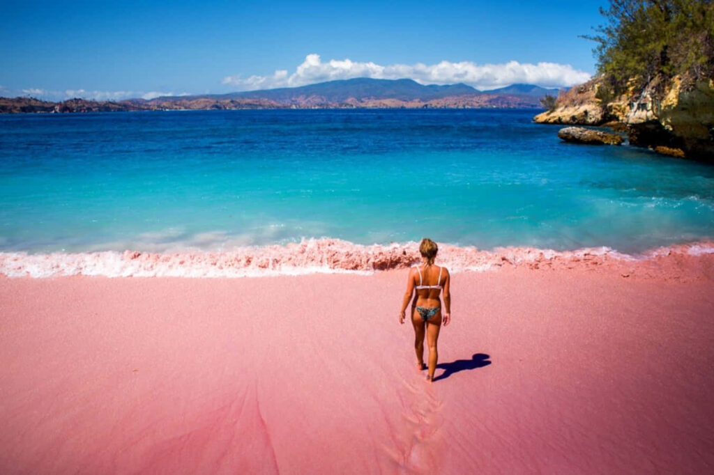 Tranquil Beach Wallpaper: Pink Sand, Turquoise Waters & Mountains