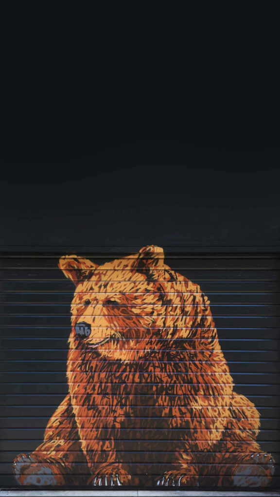 Vibrant Bear Mural on Dark Industrial Roller Shutter - Eye-Catching Design Wallpaper