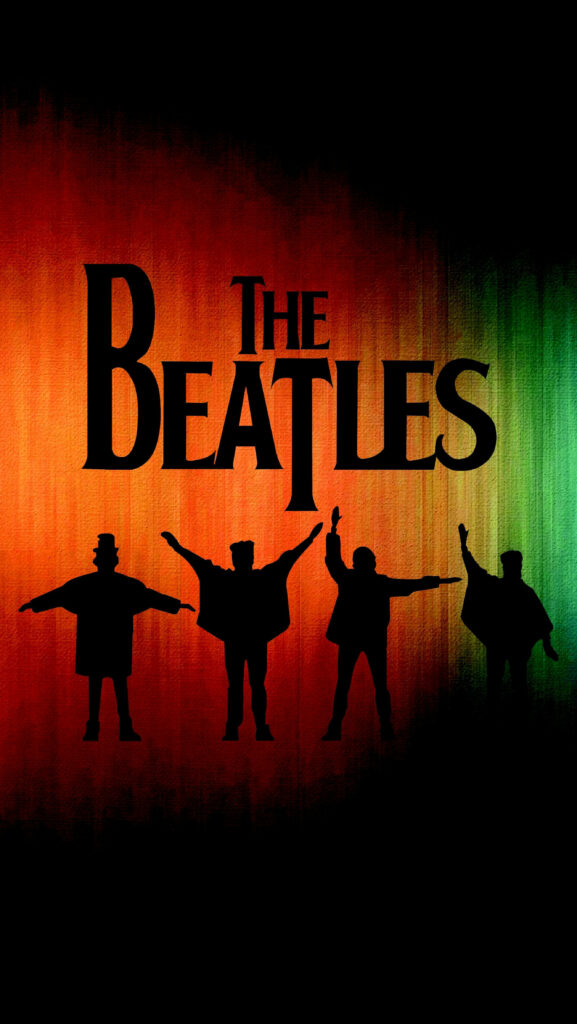 The Beatles iconic silhouettes on vibrant gradient background with bold lettering wallpaper
