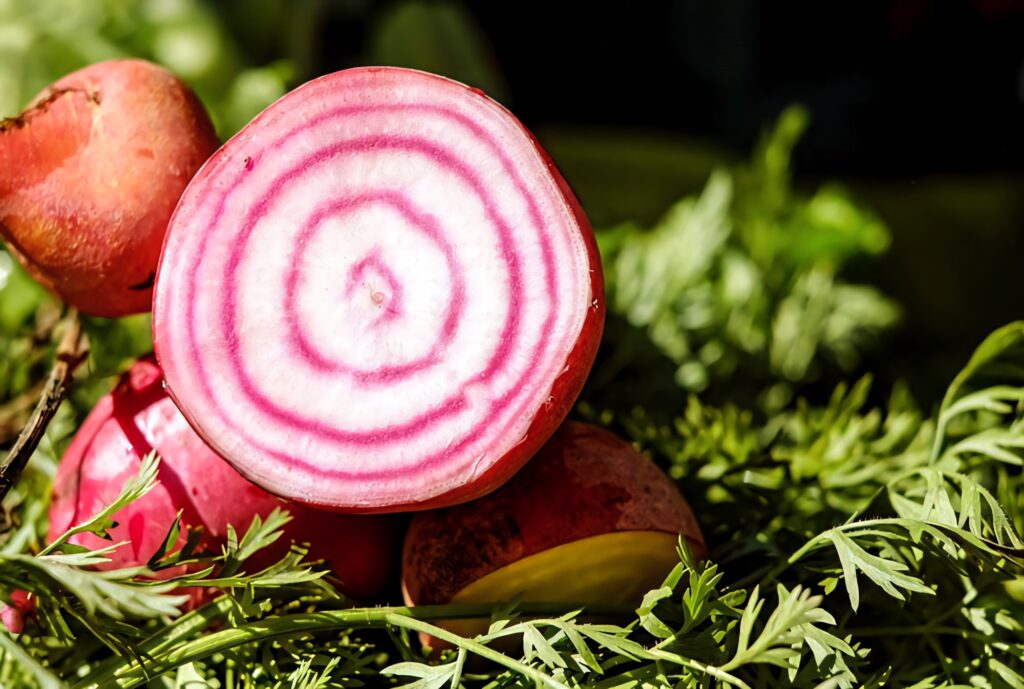 Vibrant sliced beetroot with white pink rings on fresh green leaves wallpaper background