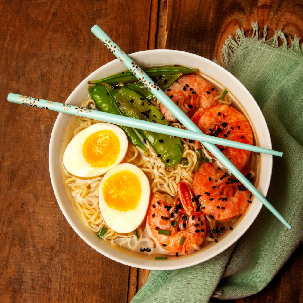 Vibrant Bibimbap Bowl with Shrimp & Noodles - Rustic Wallpaper
