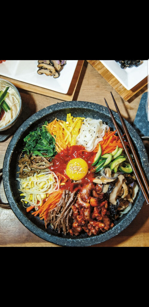 Vibrant Bibimbap Wallpaper: Colorful Korean Dish in Rustic Bowl