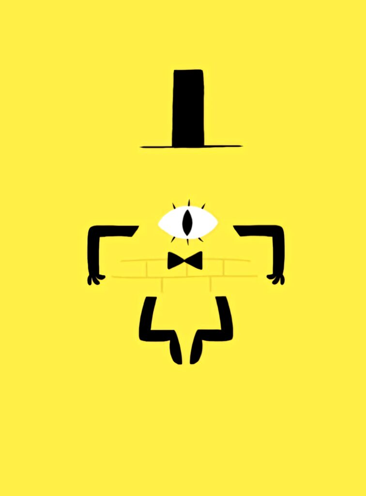 Bill Cipher wallpaper vibrant yellow background Gravity Falls triangular character with top hat