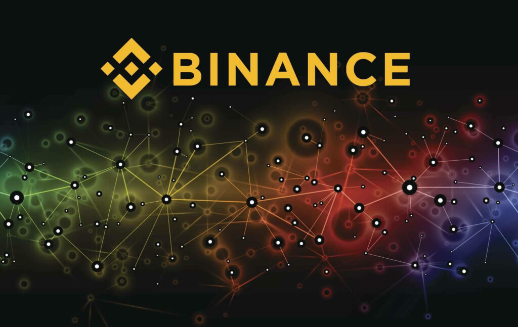 Binance logo with neon network connections on dark background blockchain technology wallpaper
