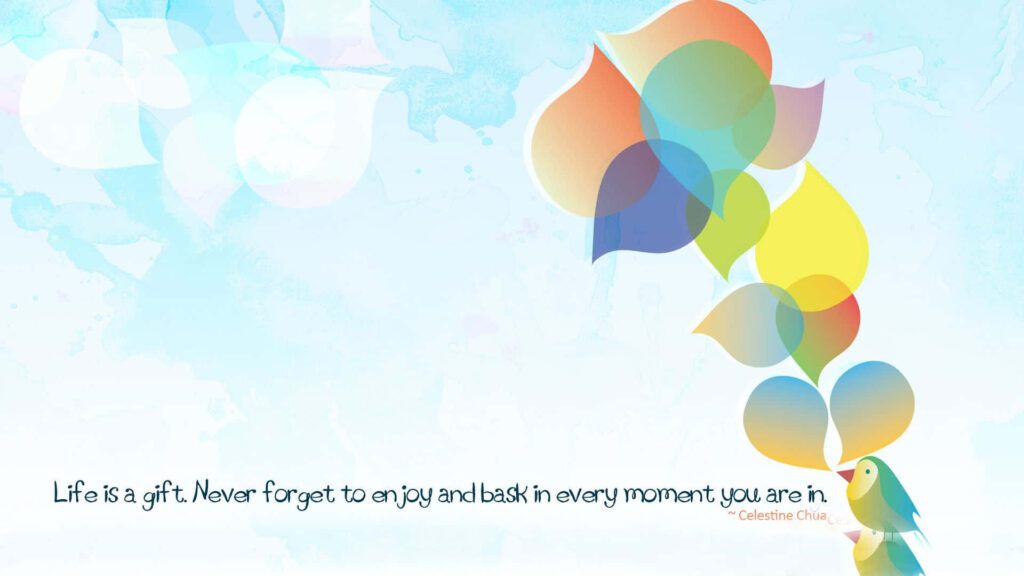 Vibrant Bird Leaves Wallpaper with Inspirational Quote on Blue Background