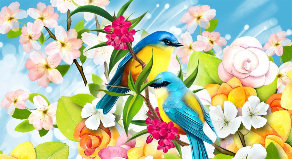 Colorful Birds on Blossoming Branch - Vibrant Spring Wallpaper