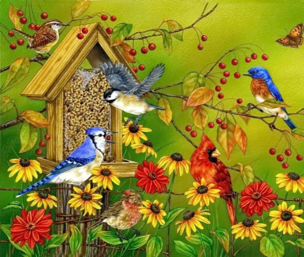 Vibrant Bird Wallpaper: Floral & Rustic Scene in Nature's Beauty