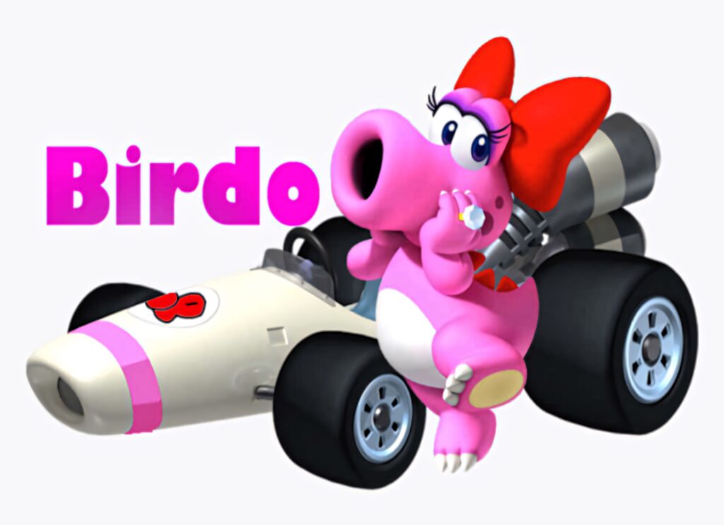 Colorful digital wallpaper of Birdo with a racing car and bold title for playful background