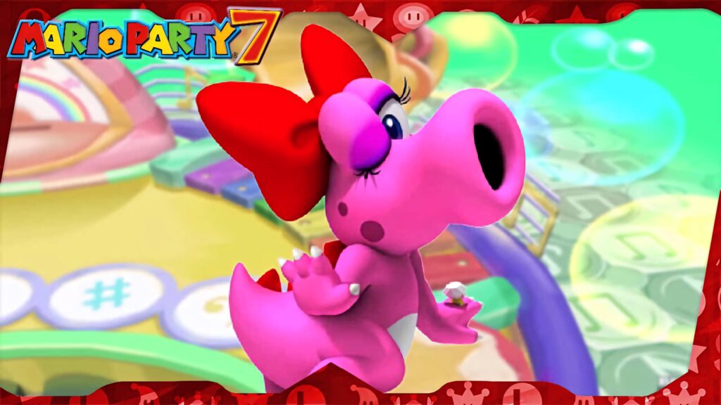 Colorful Birdo from Mario Party 7 on vibrant abstract background with energetic shapes wallpaper