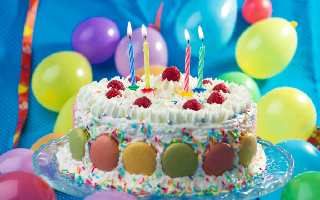 Vibrant Birthday Cake Wallpaper with Colorful Macarons & Balloons