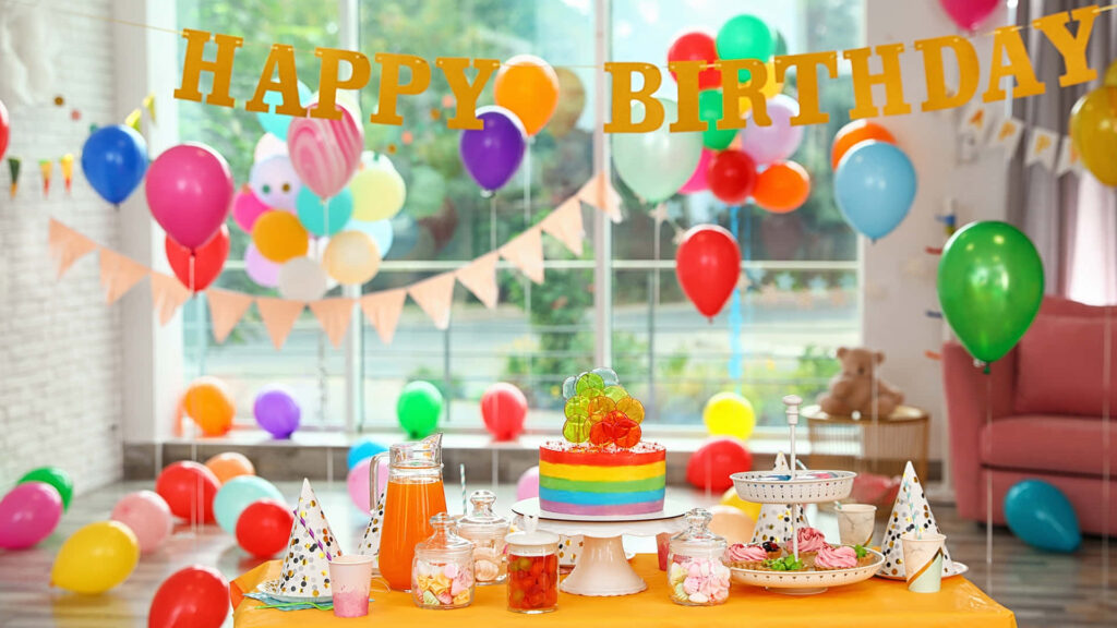 Vibrant Birthday Celebration Wallpaper with Colorful Balloons & Cake
