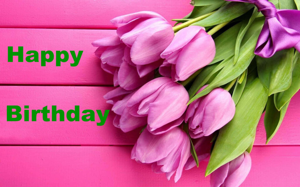 Vibrant Birthday Wallpaper: Pink Tulips & Green Message