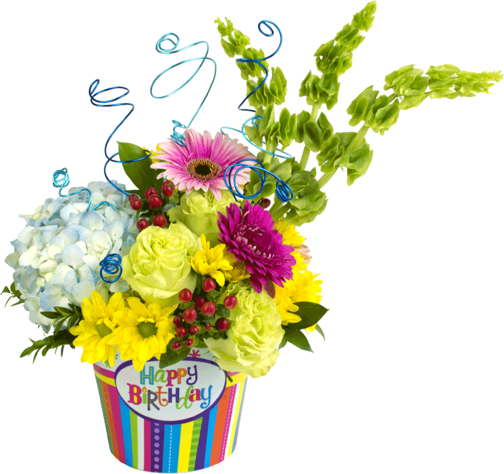 Cheerful Birthday Flower Arrangement Wallpaper with Striped Pot