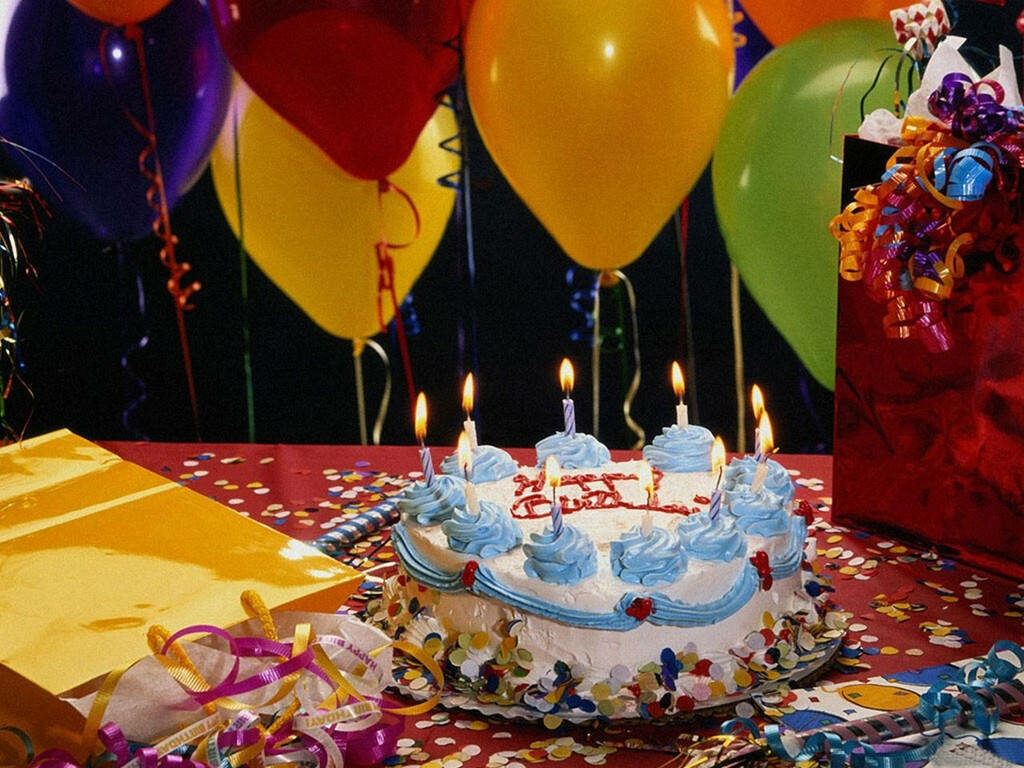 Festive Birthday Party Wallpaper: Cake, Balloons & Confetti Joy