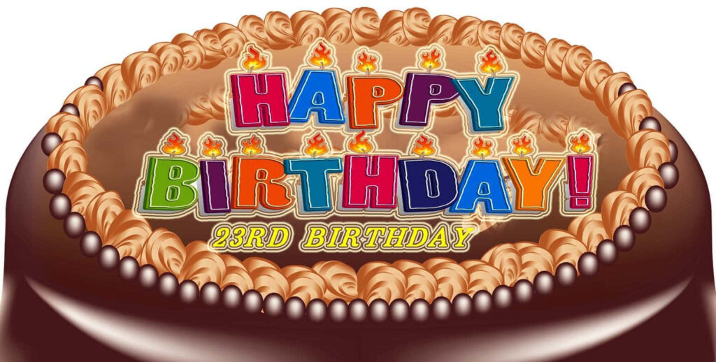 Colorful 23rd Birthday Party Wallpaper with Chocolate Cake & Candles