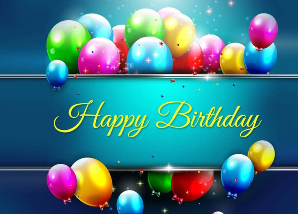 Festive Birthday Wallpaper: Colorful Balloons & Stars on Blue
