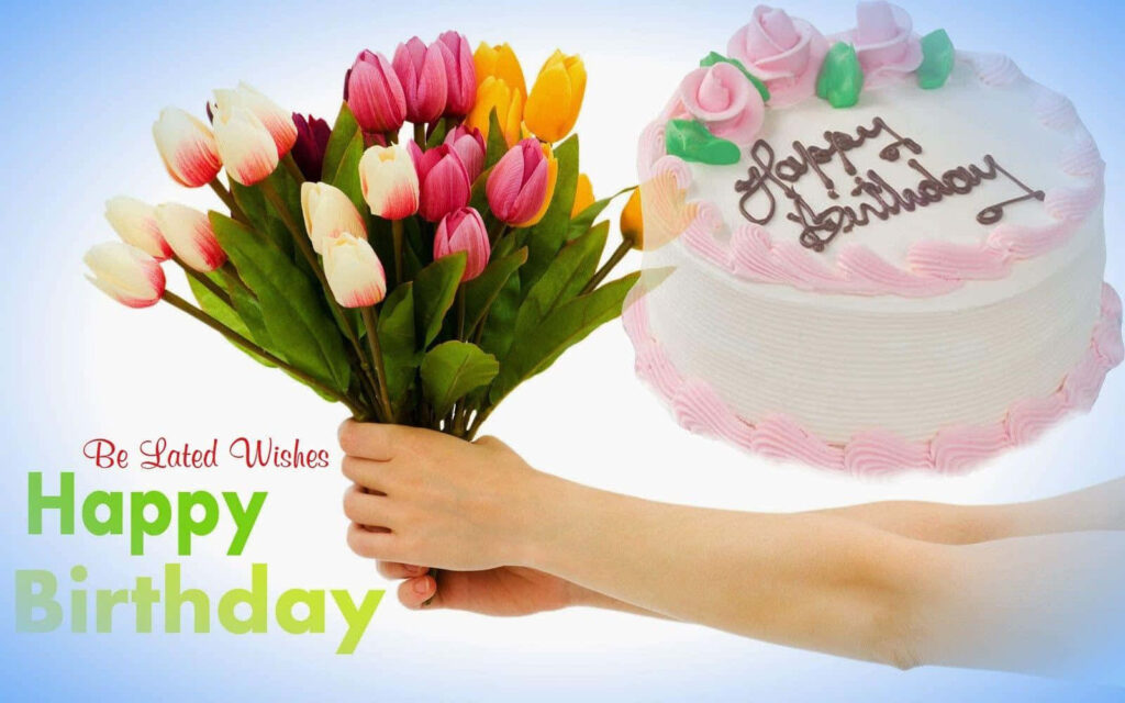 Vibrant Birthday Wallpaper: Colorful Tulips & Cake Wishes