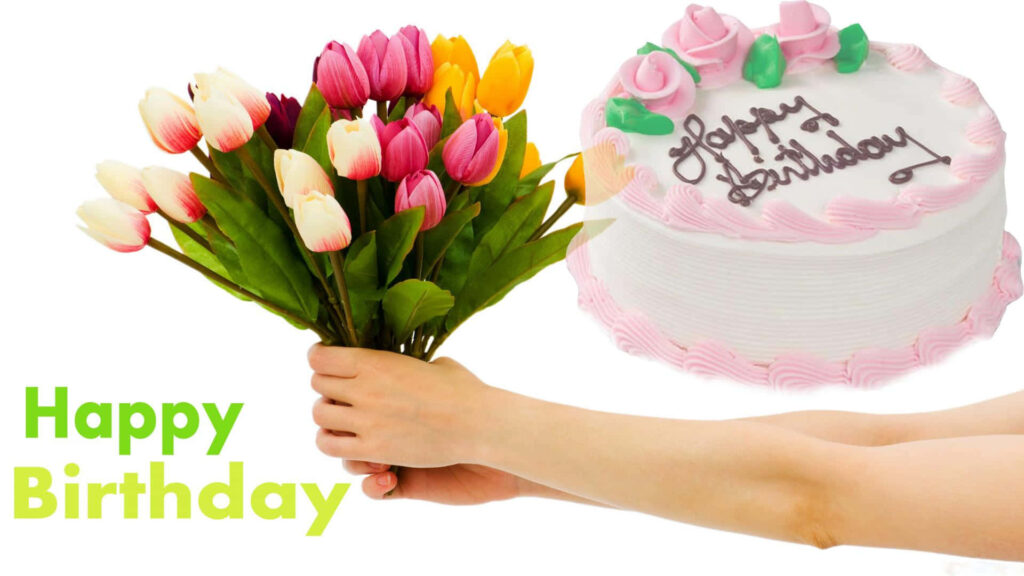 Vibrant Birthday Wallpaper with Colorful Tulips & White Cake