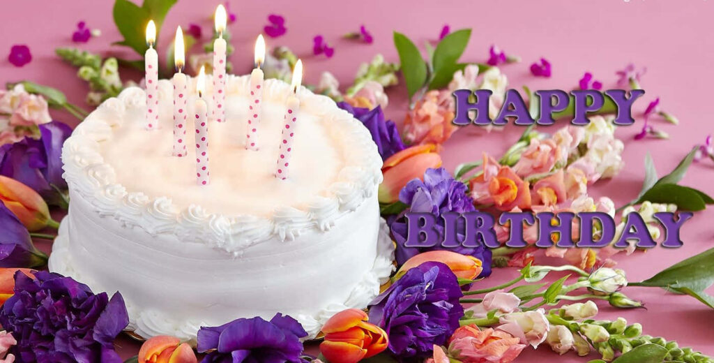 Vibrant Birthday Wallpaper: Colorful Cake & Flowers Celebration Decor