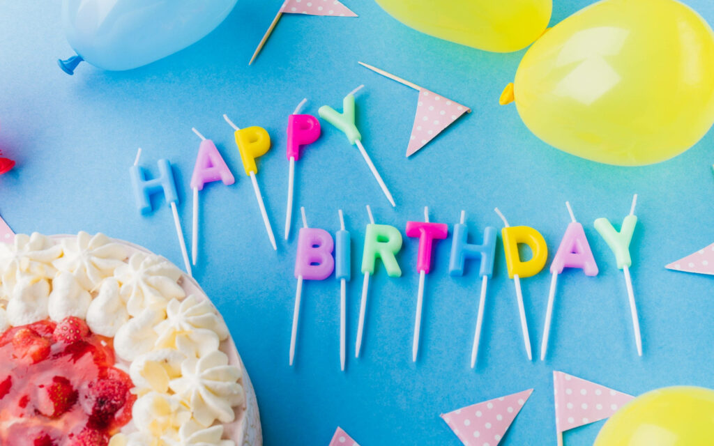 Colorful Birthday Wallpaper: Balloons, Candles & Cake Celebration