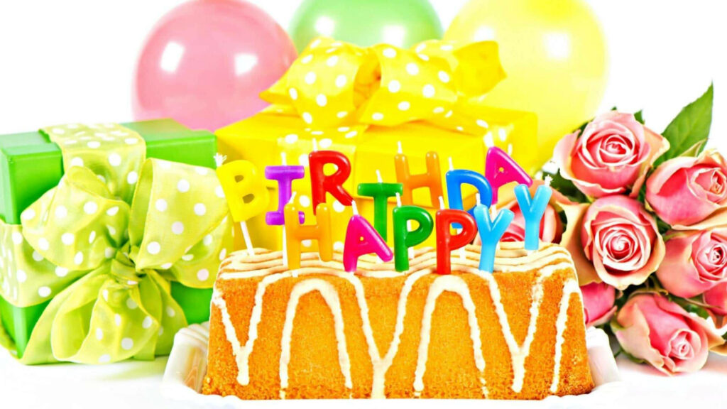 Vibrant Birthday Wallpaper with Festive Cake & Colorful Decorations