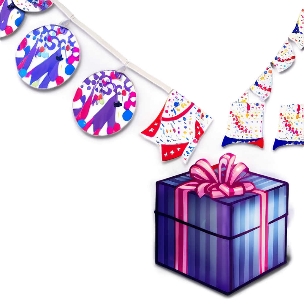 Festive Birthday Wallpaper with Colorful Banners and Gift Box