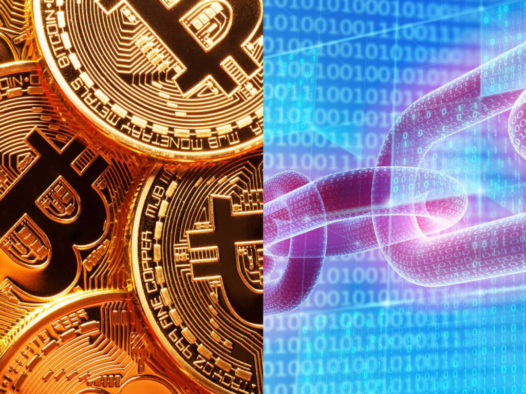Vibrant split wallpaper with golden Bitcoin coins and digital blockchain with binary code background