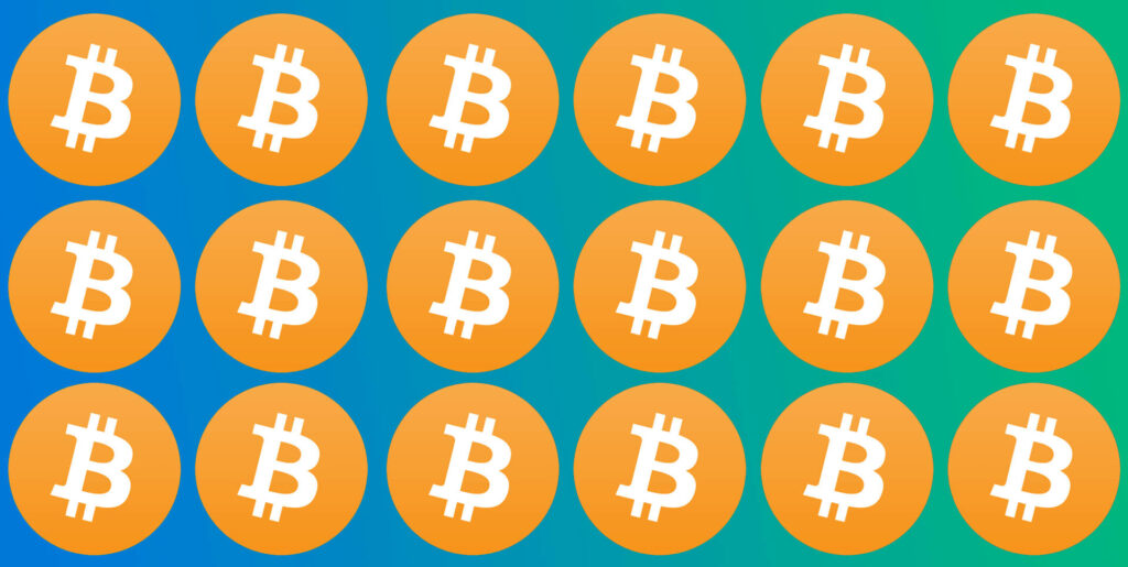 Bitcoin logo pattern wallpaper with orange circles and white symbols on blue green gradient background