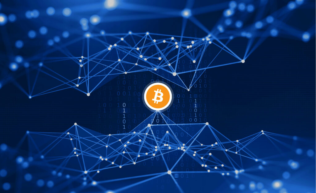 Dynamic Blue Wallpaper with Orange Bitcoin Logo & Blockchain Nodes
