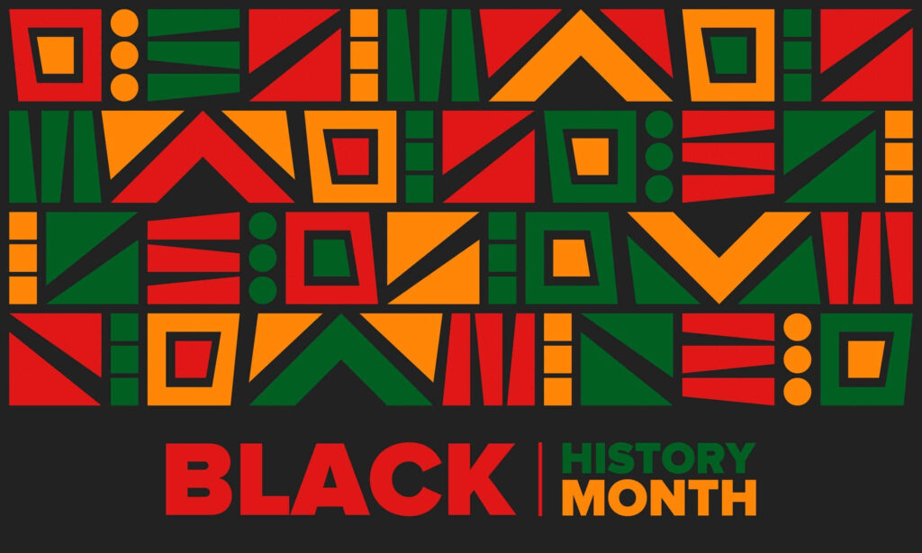 Black History Month wallpaper with vibrant red green yellow black geometric patterns celebrating unity