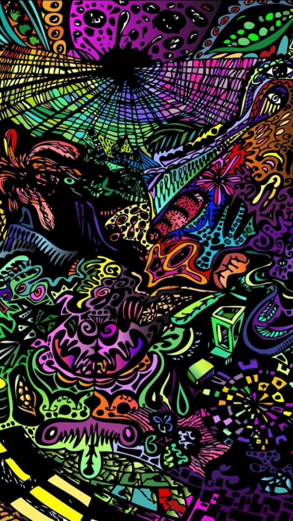 Vibrant Black Trippy Abstract Wallpaper with Colorful Patterns
