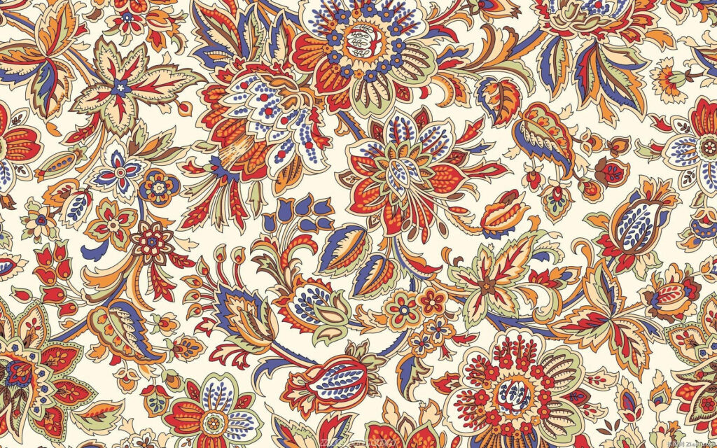 Florally Yours: A Kaleidoscope of Red, Blue, Green, and Yellow Patterns on a White Dreamy Wallpaper.
