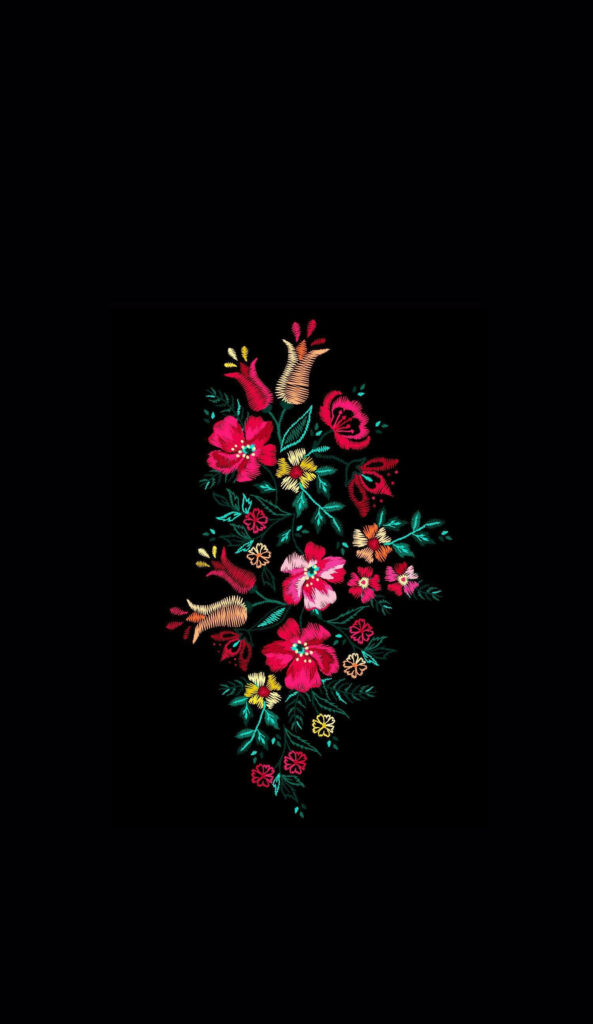 Blooming Heritage: Vibrant Chicano Floral Tapestry Frames Timeless Black Canvas Wallpaper