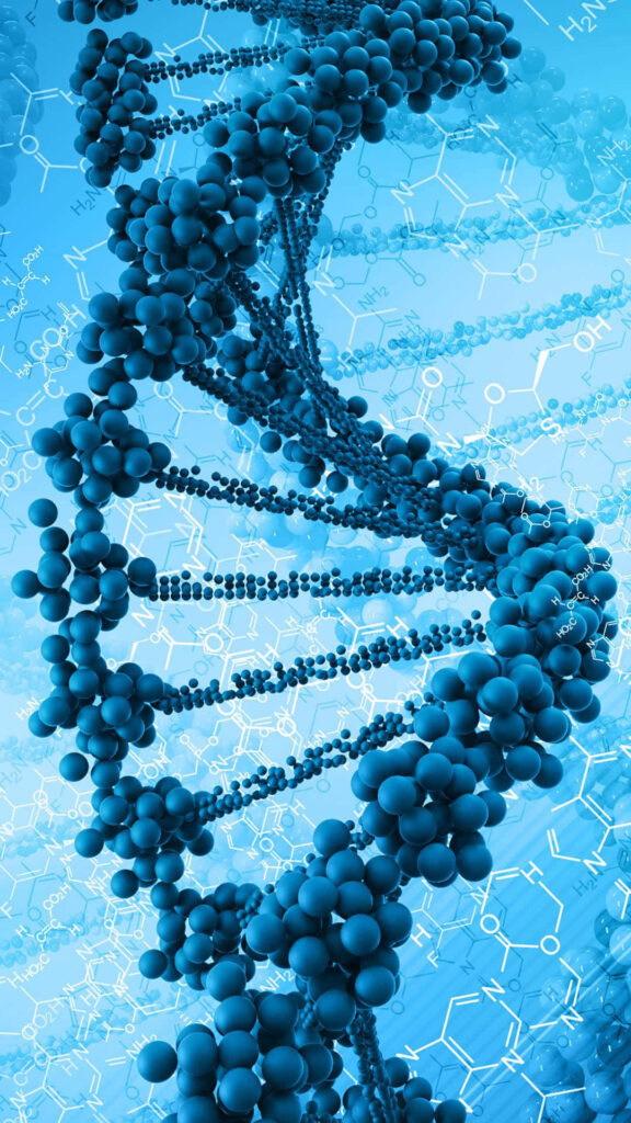Vibrant blue 3D DNA double helix with chemical formulas on light blue background science genetics Wallpaper