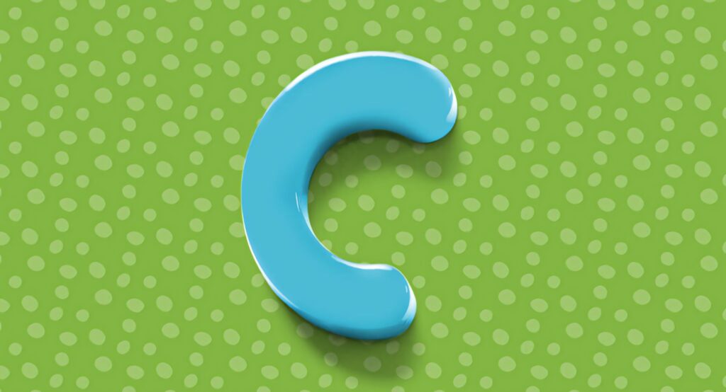 Vibrant blue 3D letter C on lively green background with circular patterns digital wallpaper