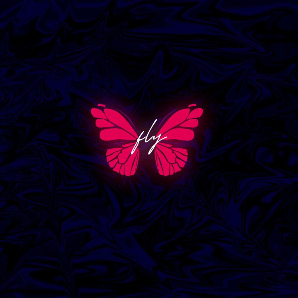 Vibrant Blue AMOLED Wallpaper with Glowing Pink Butterfly Design