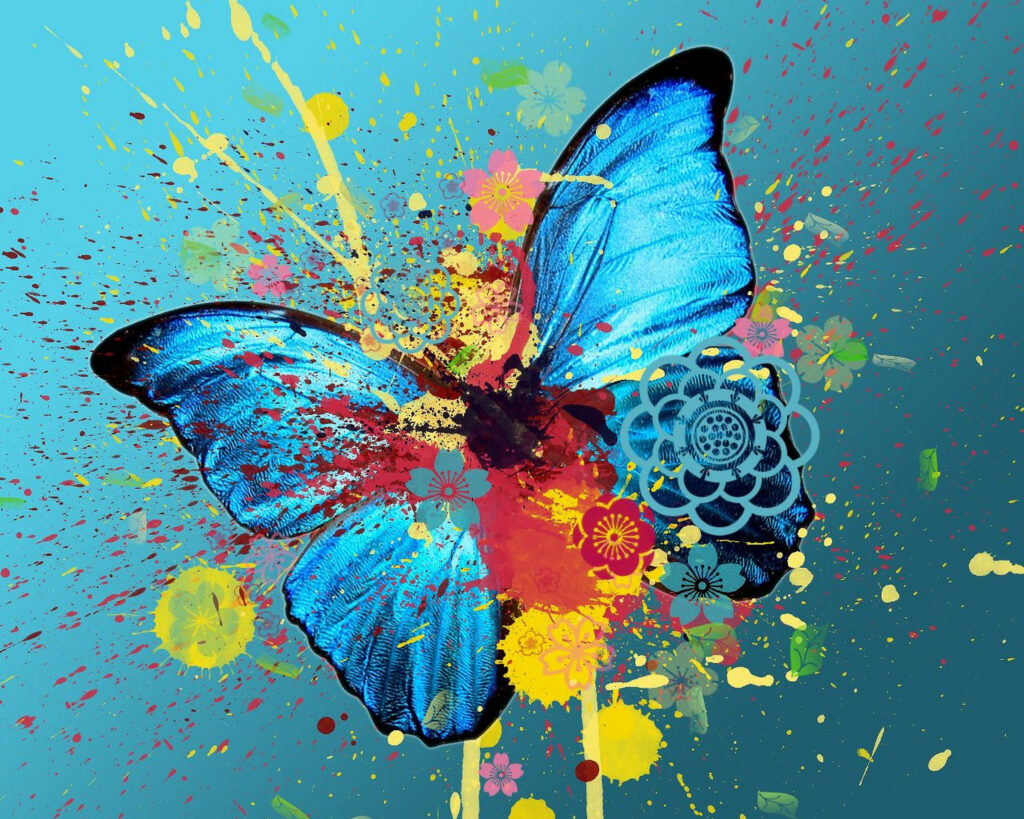 Vibrant Blue Butterfly Aesthetic Wallpaper with Colorful Abstract Patterns