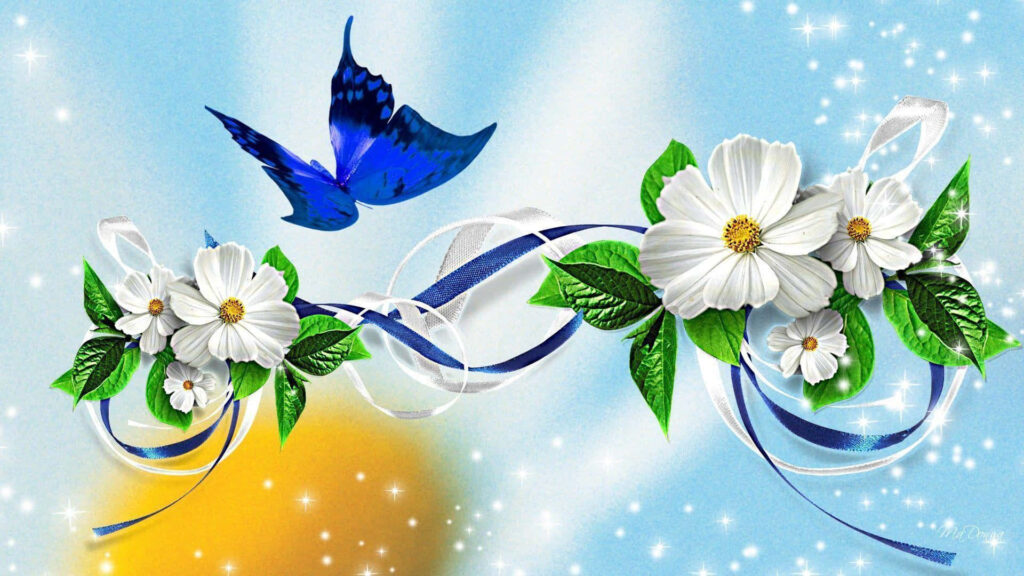 Vibrant Blue Butterfly Wallpaper with White Flowers & Sparkling Background