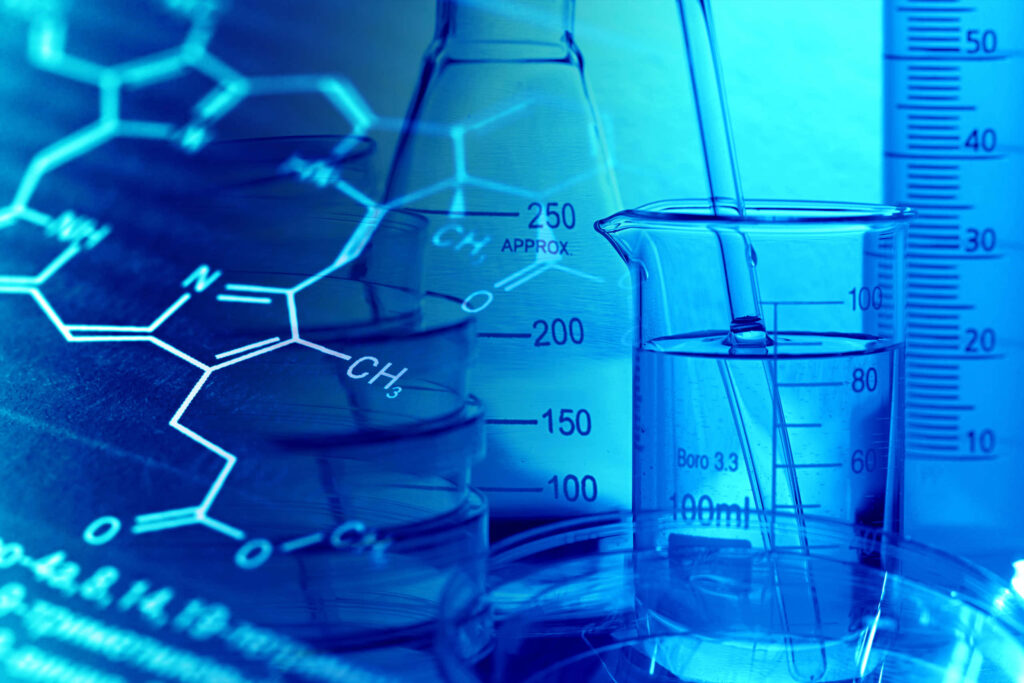 Vibrant blue chemistry wallpaper with lab glassware pipette and chemical structure background