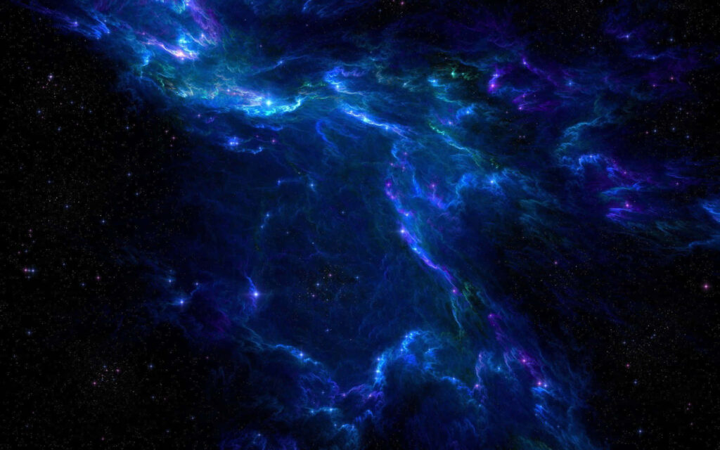 Vibrant blue cosmic nebula wallpaper with purple, green hues and starry deep space backdrop.